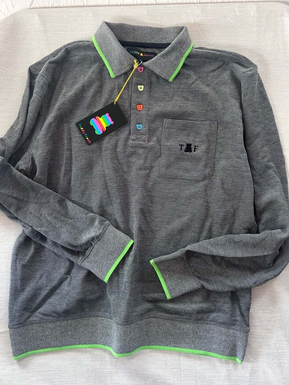Nwt Teddy Fresh Long Sleeve Polo Shirt Gray Size M